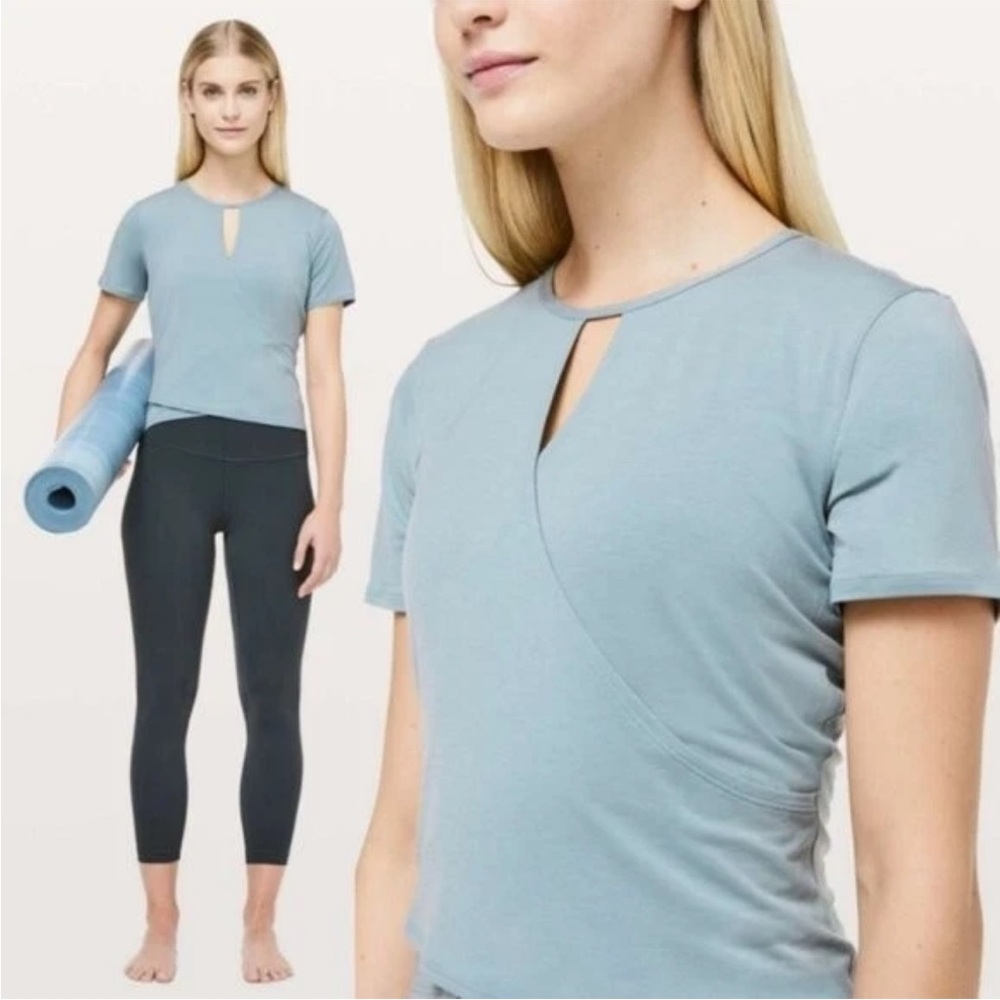 Lululemon Round Trip Shorts sleeve keyhole front cropped top- Light blue women's